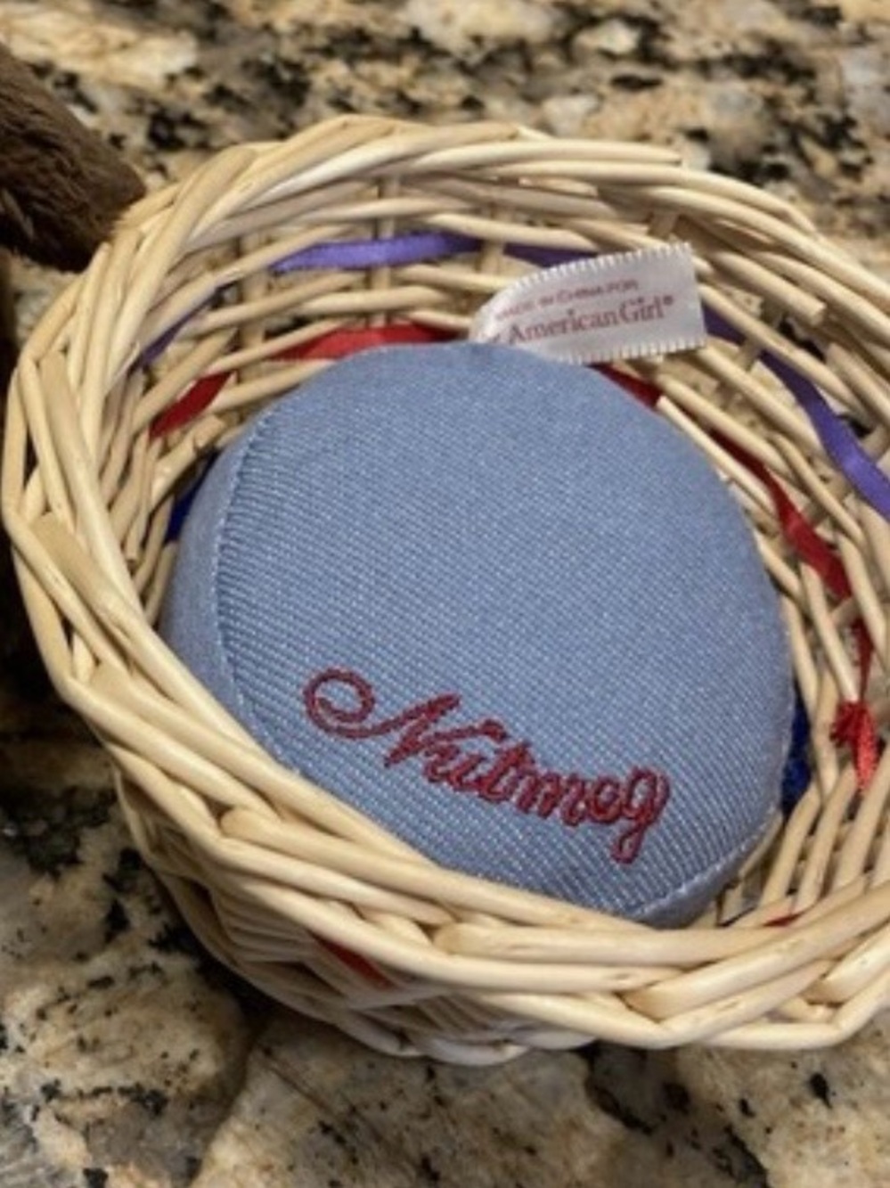 American Girl Blue Denim Cushion & Wicker Bed for Julie's pet bunny, Nutmeg